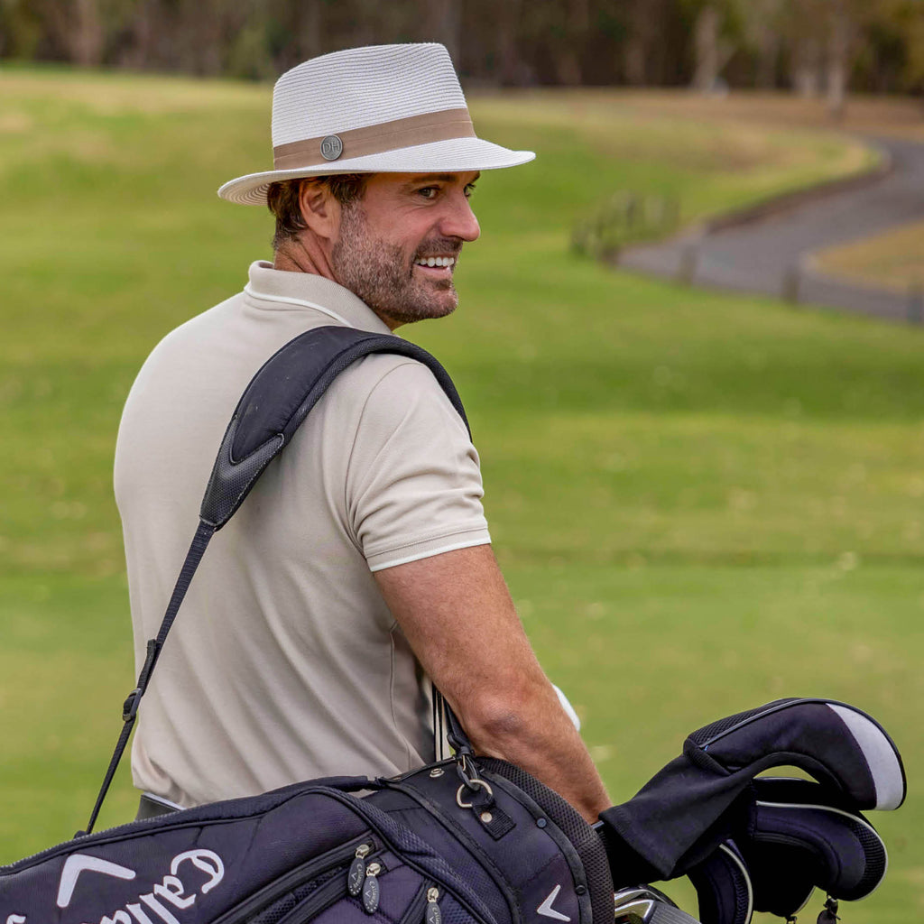 DH036 IVORY/DK TAUPE - PINEHURST GOLF FEDORA (MAGNETIC) DH036 / Ivory / L/XL (60cm) Can be adjusted down 3cm