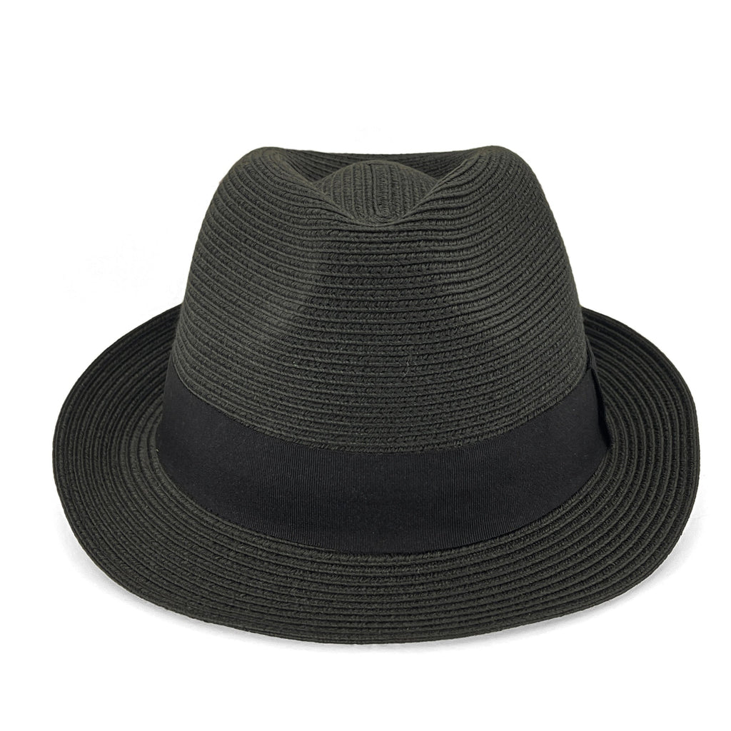 A black woven fedora hat with a matching black band, photographed from a front-facing angle on a clean white background.