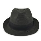 A black woven fedora hat with a matching black band, photographed from a front-facing angle on a clean white background.