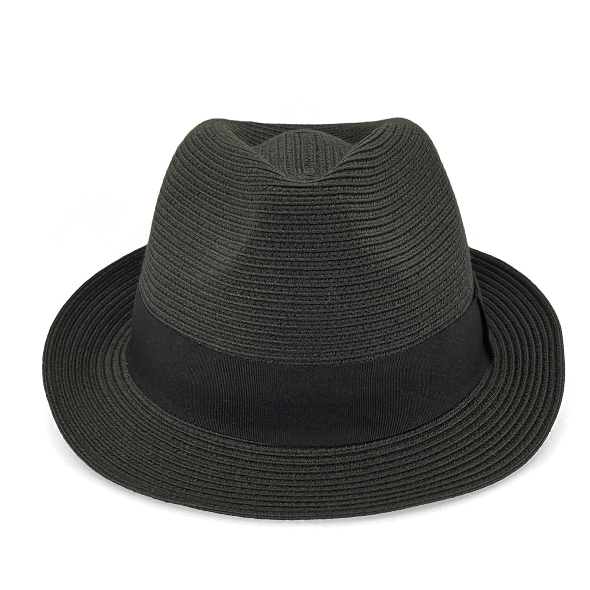 A black woven fedora hat with a matching black band, photographed from a front-facing angle on a clean white background.