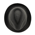 A black woven straw fedora hat shown from a top-down view on a solid white background.