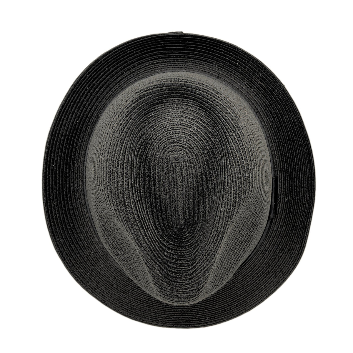 A black woven straw fedora hat shown from a top-down view on a solid white background.