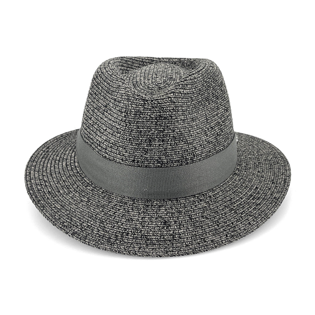 A gray woven fedora hat with a matching gray ribbon band, shown from a front-facing perspective on a clean white background.