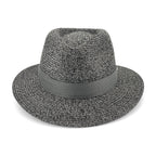 A gray woven fedora hat with a matching gray ribbon band, shown from a front-facing perspective on a clean white background.