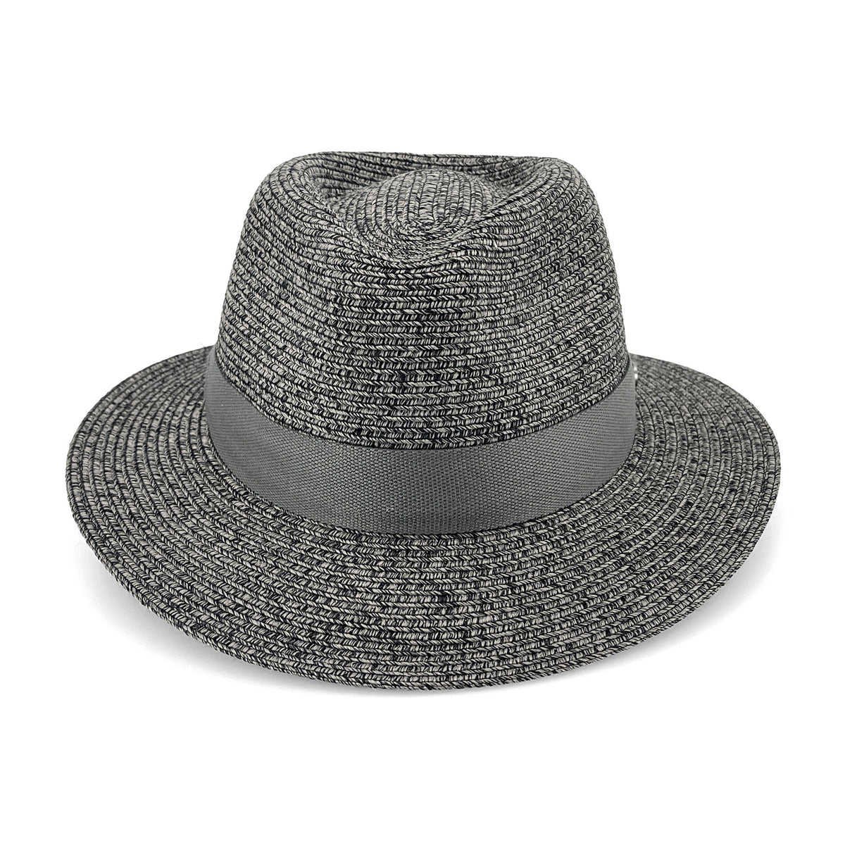 A gray woven fedora hat with a matching gray ribbon band, shown from a front-facing perspective on a clean white background.