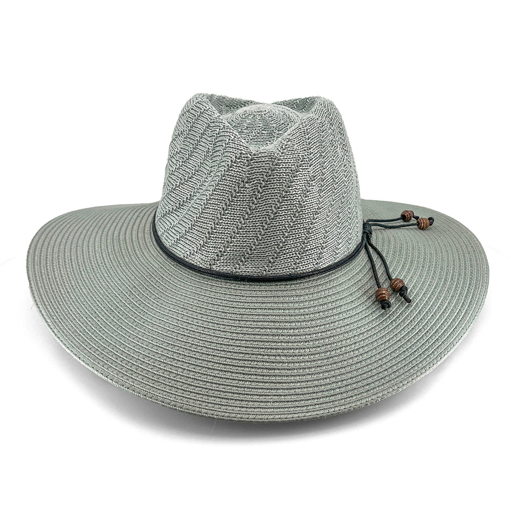 A light gray woven straw wide-brim hat with a black band and brown beaded drawstrings, shown on a white background.