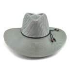 A light gray woven straw wide-brim hat with a black band and brown beaded drawstrings, shown on a white background.