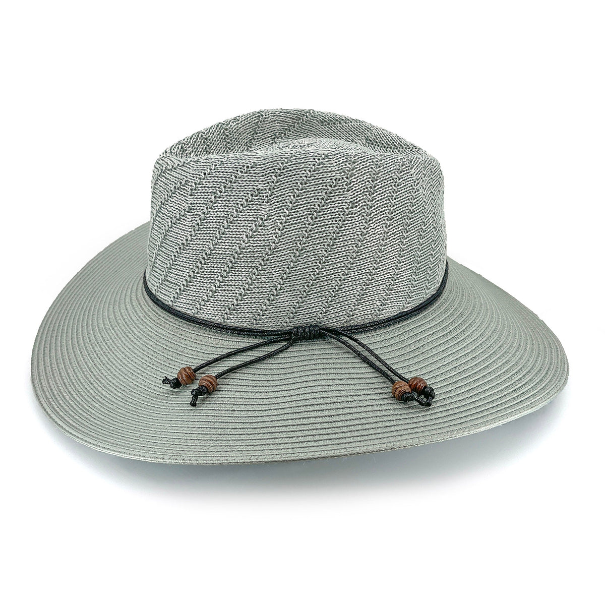 A light gray woven sun hat with a wide brim, a black band around the crown, and two brown decorative beads on the drawstrings, shown on a white background.