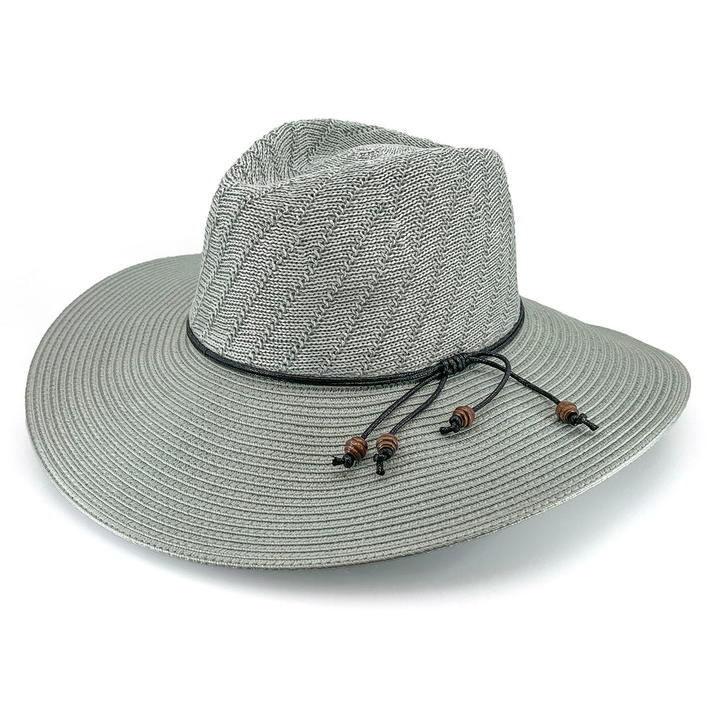 A light gray woven straw cowboy hat with a black cord band and brown wooden beads, shown on a white background.