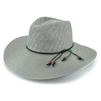 A light gray woven straw cowboy hat with a black cord band and brown wooden beads, shown on a white background.