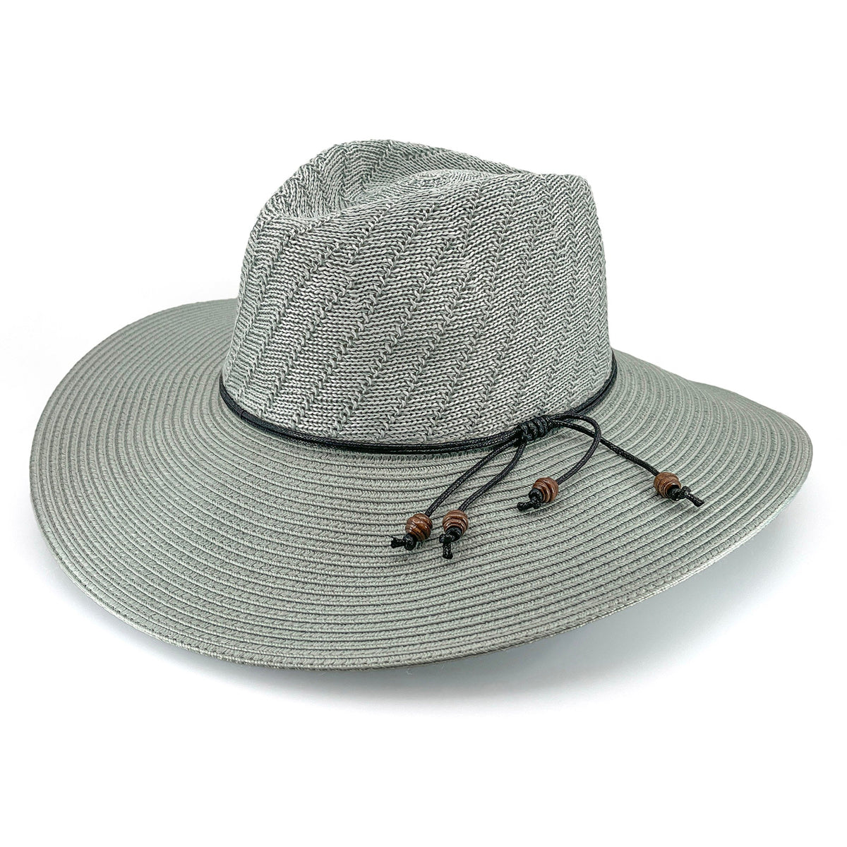 A light gray woven straw cowboy hat with a black cord band and brown wooden beads, shown on a white background.