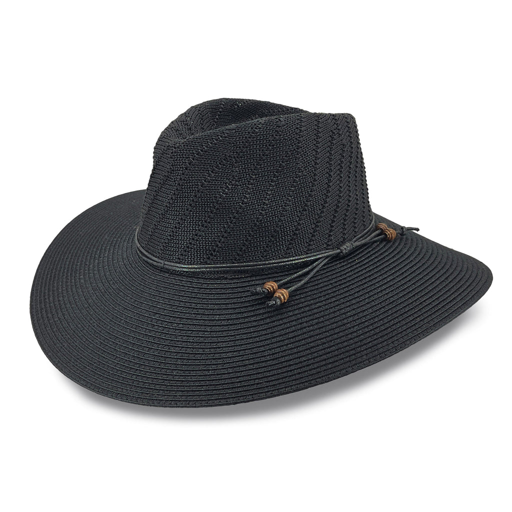 A black woven straw cowboy hat with a wide brim, a pinched crown, and a thin black cord detail with small brown beads on the side, shown against a plain white background.