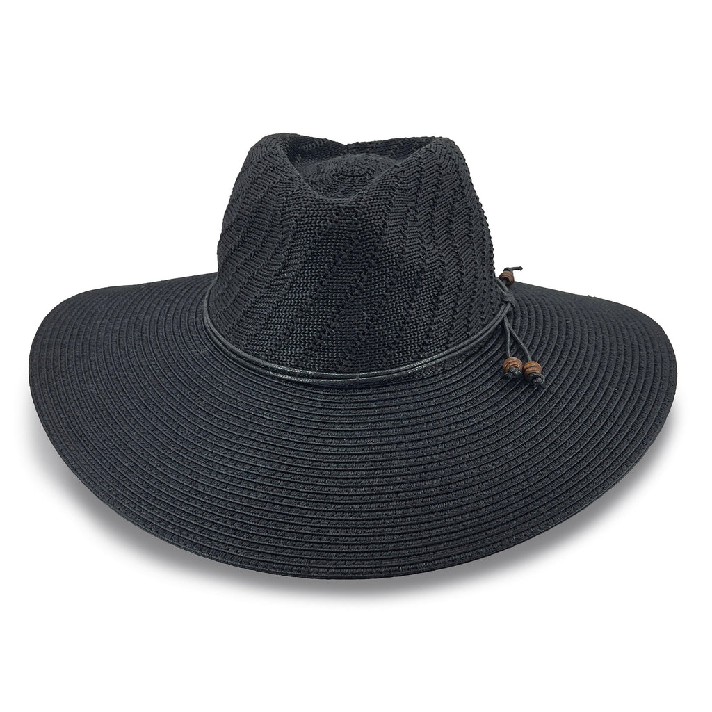 A black woven straw wide-brim hat with a black band and small brown decorative beads on the side, shown against a plain white background.