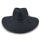 A black woven straw wide-brim hat with a black band and small brown decorative beads on the side, shown against a plain white background.