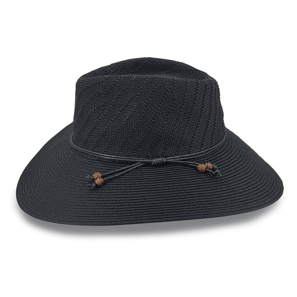 A black woven sun hat with a wide brim, a black cord detail, and small brown knotted accents, shown on a white background.