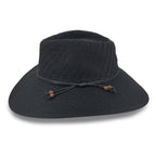 A black woven sun hat with a wide brim, a black cord detail, and small brown knotted accents, shown on a white background.