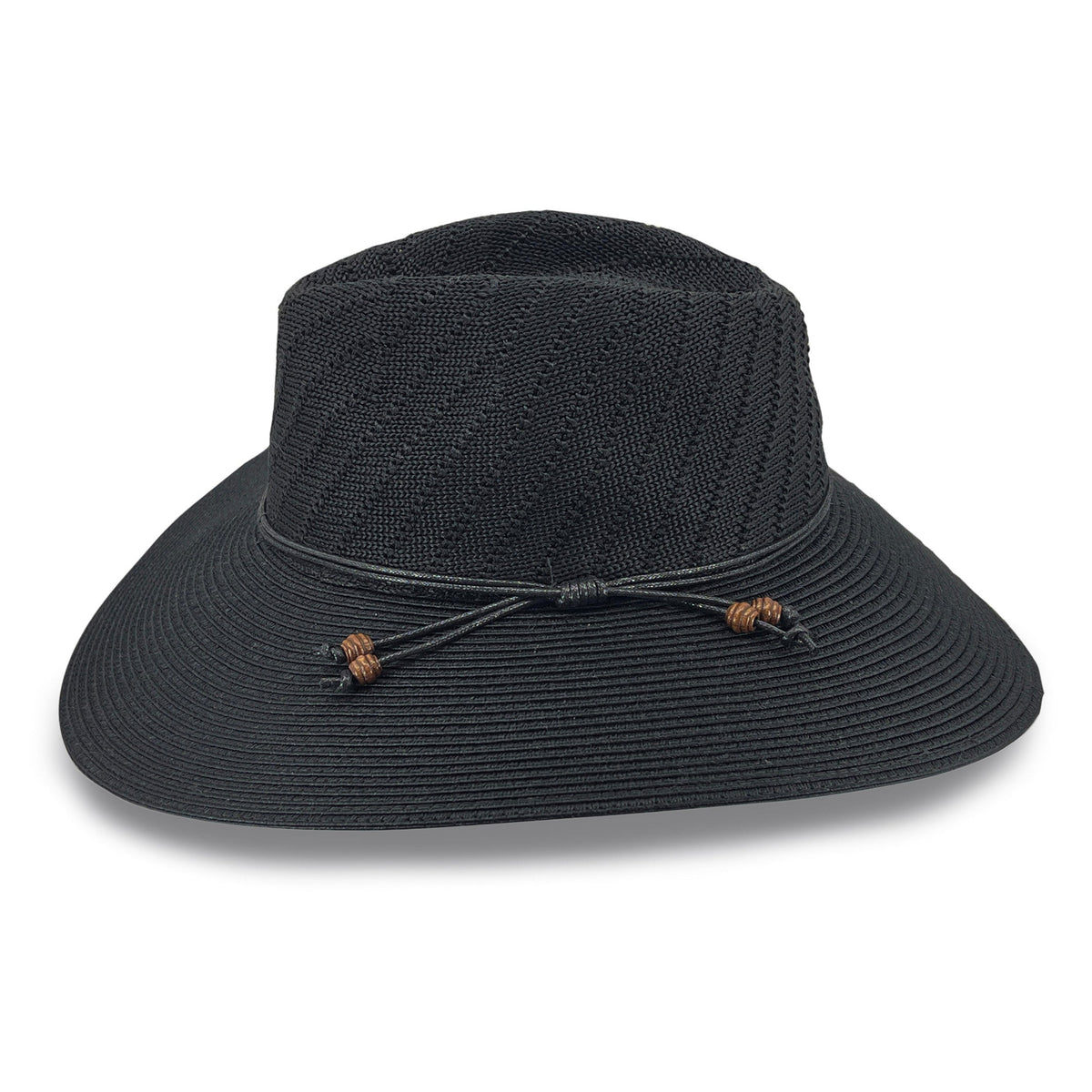 A black woven sun hat with a wide brim, a black cord detail, and small brown knotted accents, shown on a white background.
