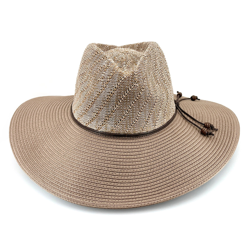 A woven straw wide-brim hat in a light tan color with a dark brown band and matching brown cord tie on the side, shown against a plain white background.