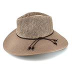A woven straw sun hat in a light tan color with a dark brown cord tie detail on the front of the brim, shown against a plain white background.