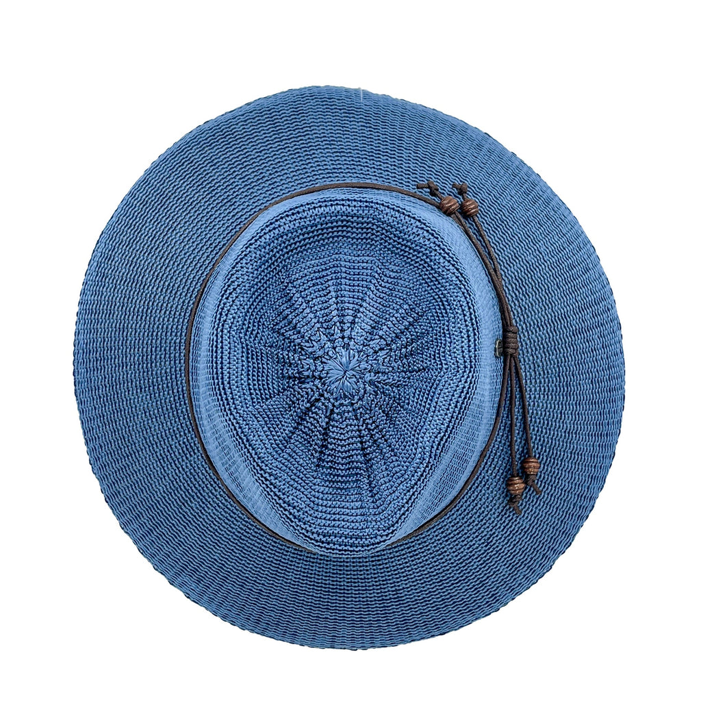 A blue woven straw sun hat with a circular brim, featuring a dark brown decorative cord with bead tassels on the side, shown from a top-down view on a white background.