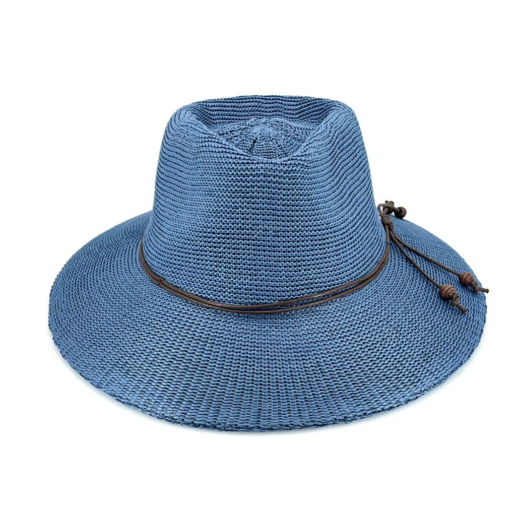 A blue woven straw hat with a brown band and brown cord tie, shown on a plain white background.