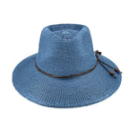 A blue woven straw hat with a brown band and brown cord tie, shown on a plain white background.