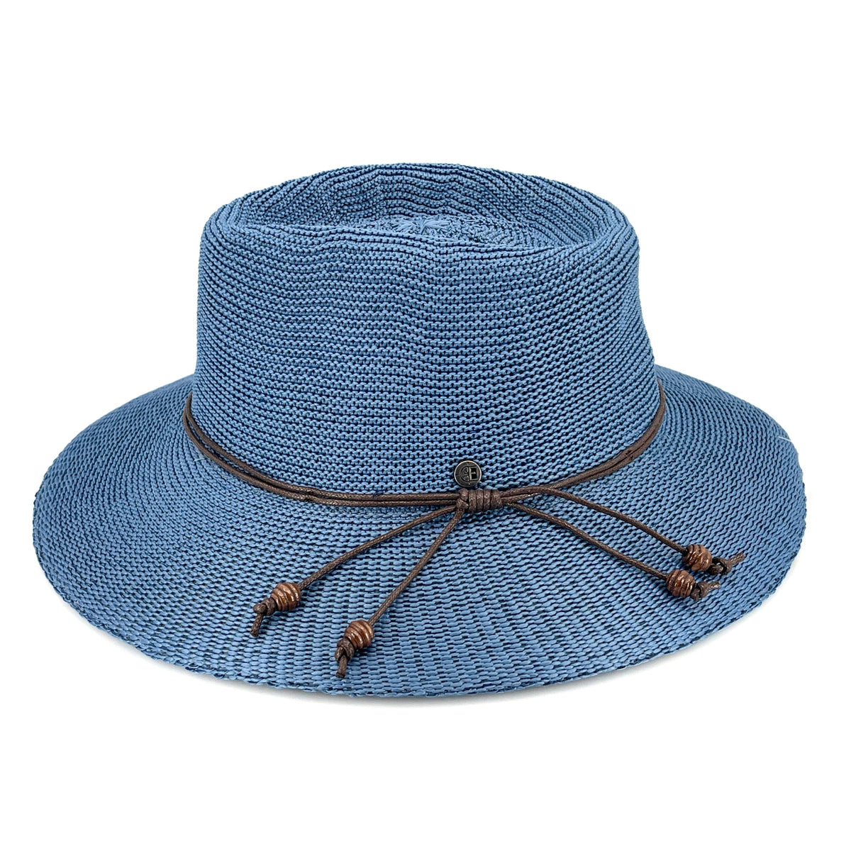 A blue woven straw sun hat with a brown rope tie detail on the front, shown against a plain white background.