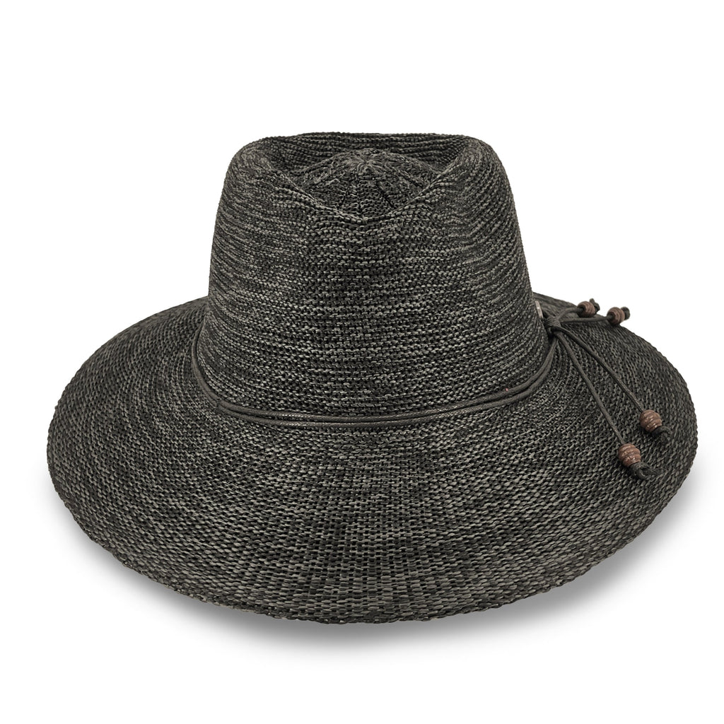 A dark gray woven straw sun hat with a wide brim, a black cord detail, and small brown bead accents on the side, shown against a plain white background.