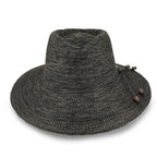A dark gray woven straw sun hat with a wide brim, a black cord detail, and small brown bead accents on the side, shown against a plain white background.