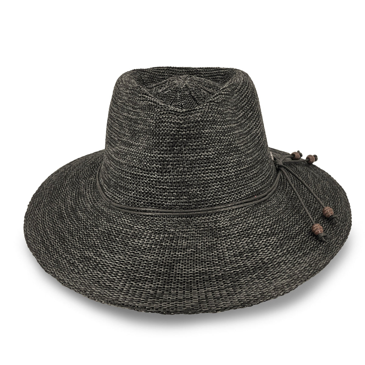 A dark gray woven straw sun hat with a wide brim, a black cord detail, and small brown bead accents on the side, shown against a plain white background.