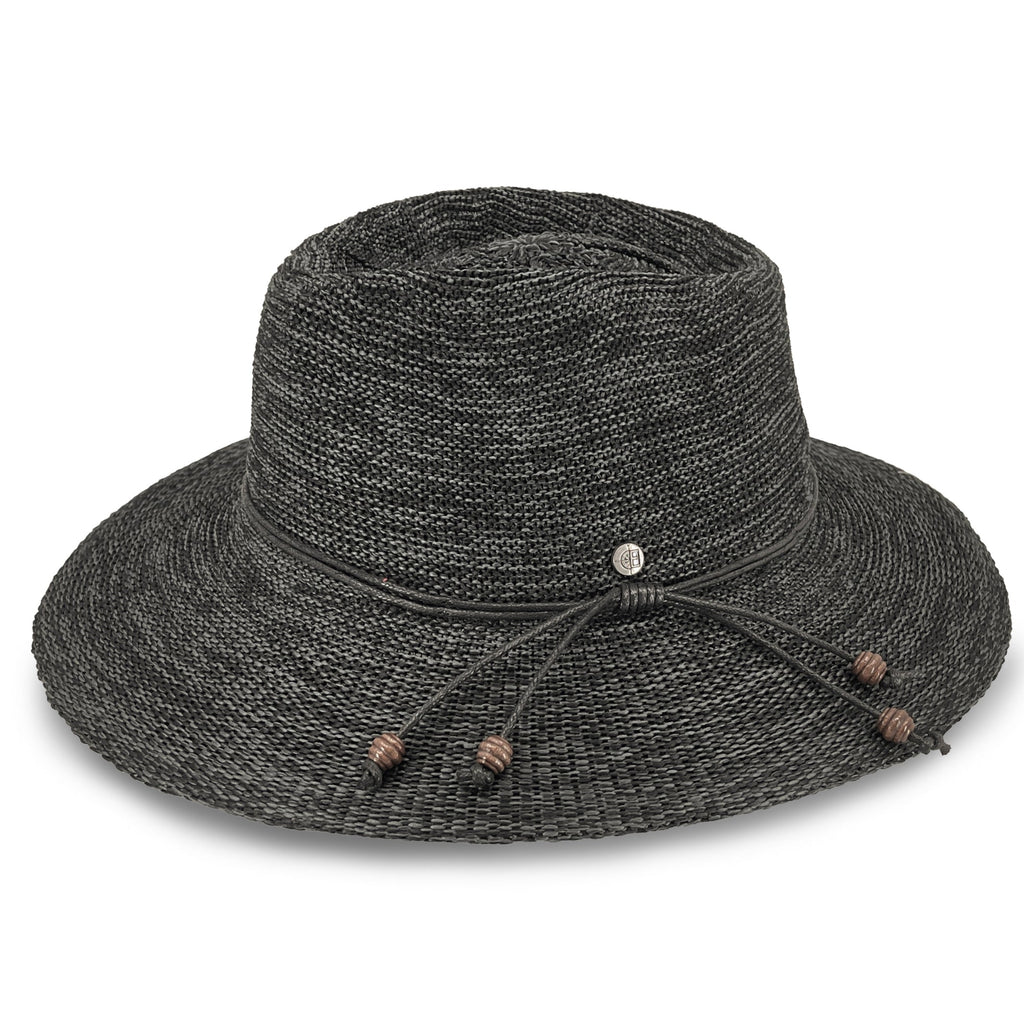 A dark gray woven straw sun hat with a wide brim, a thin black band, and three hanging wooden beads on a white background.
