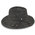 A dark gray woven straw sun hat with a wide brim, a thin black band, and three hanging wooden beads on a white background.