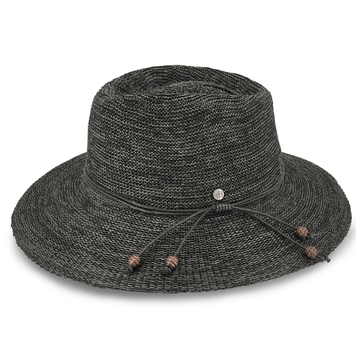 A dark gray woven straw sun hat with a wide brim, a thin black band, and three hanging wooden beads on a white background.